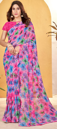 Pink and Majenta color Saree in Faux Georgette fabric with Floral, Printed work