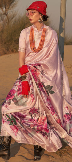 Pink and Majenta color Saree in Tussar Silk fabric with Floral, Printed work