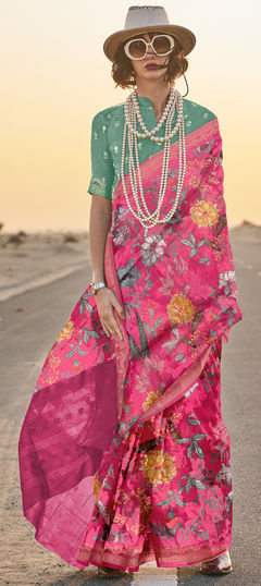 Pink and Majenta color Saree in Tussar Silk fabric with Floral, Printed work