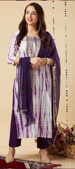 Purple and Violet color Salwar Kameez in Viscose fabric with Embroidered, Lehariya, Printed work