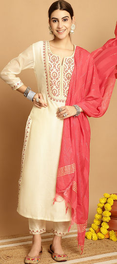 White and Off White color Salwar Kameez in Chanderi Silk fabric with Embroidered, Zari work