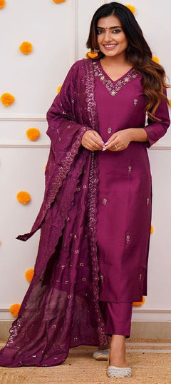 Purple and Violet color Salwar Kameez in Viscose fabric with Embroidered, Thread work