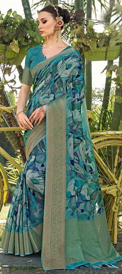 Blue color Saree in Silk fabric with Floral, Printed, Weaving work