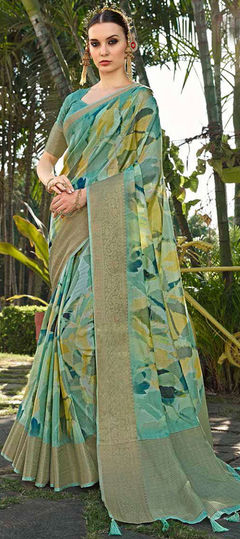 Green color Saree in Silk fabric with Floral, Printed, Weaving work