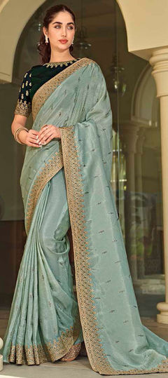 Green color Saree in Silk fabric with Embroidered, Thread, Zari work