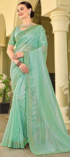 Green color Saree in Silk fabric with Embroidered, Thread, Zari work