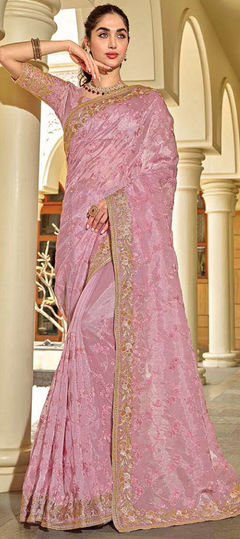 Pink and Majenta color Saree in Silk fabric with Embroidered, Thread, Zari work