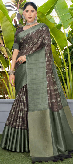 Beige and Brown color Saree in Silk fabric with Printed work