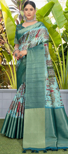 Blue color Saree in Silk fabric with Printed work