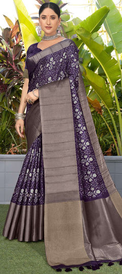 Purple and Violet color Saree in Silk fabric with Printed work