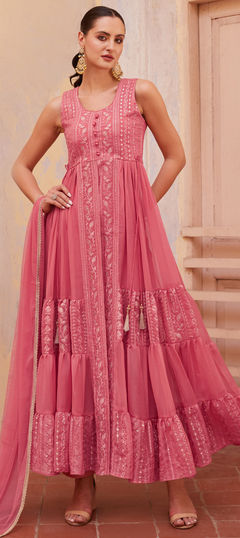 Pink and Majenta color Salwar Kameez in Georgette fabric with Embroidered, Sequence, Thread, Zari work