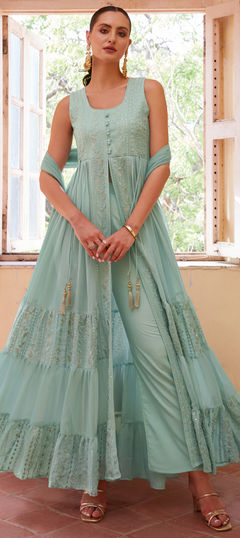 Blue color Salwar Kameez in Georgette fabric with Embroidered, Sequence, Thread, Zari work