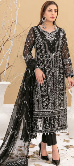 Black and Grey color Salwar Kameez in Faux Georgette fabric with Embroidered work