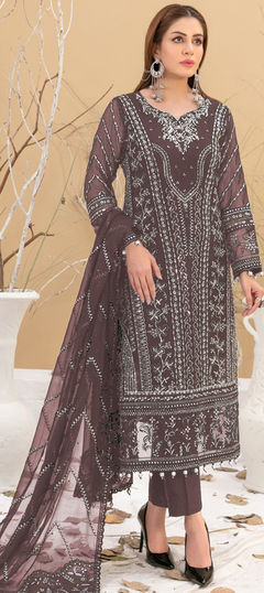 Beige and Brown color Salwar Kameez in Faux Georgette fabric with Embroidered work