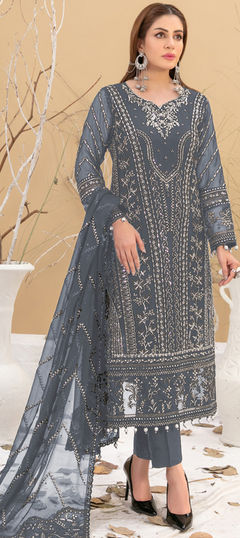 Black and Grey color Salwar Kameez in Faux Georgette fabric with Embroidered work