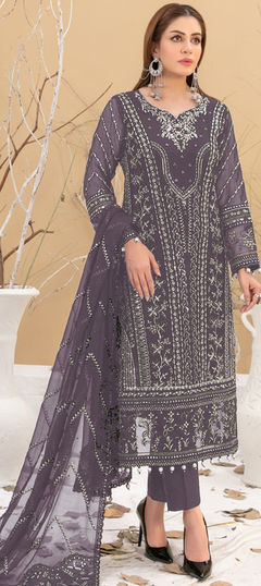 Purple and Violet color Salwar Kameez in Faux Georgette fabric with Embroidered work