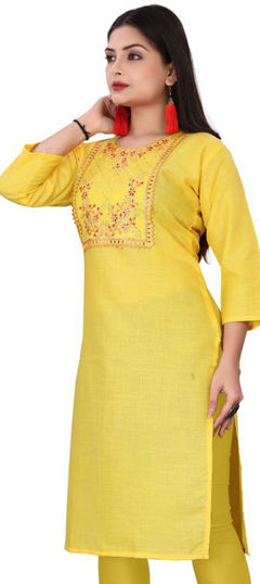 Casual Yellow color Kurti in Cotton fabric with Long Sleeve, Straight Printed work : 1947559