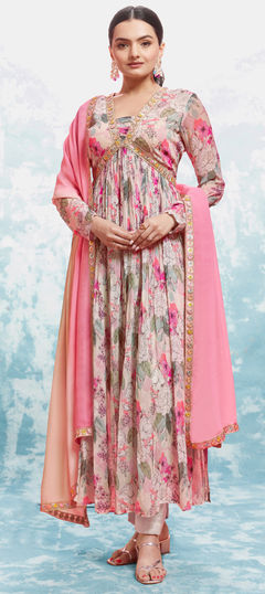 Festive, Mehendi Sangeet, Reception Pink and Majenta color Salwar Kameez in Georgette fabric with Anarkali Embroidered, Floral, Printed work : 1947592