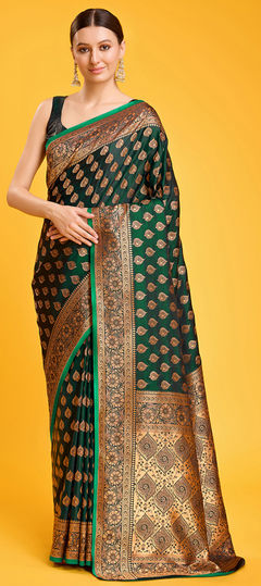 Green color Saree in Banarasi Silk fabric with Weaving, Zari work