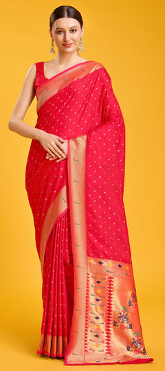 Red and Maroon color Saree in Art Silk fabric with Weaving, Zari work