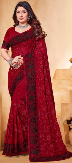 Black and Grey, Red and Maroon color Saree in Georgette fabric with Embroidered, Resham, Thread work