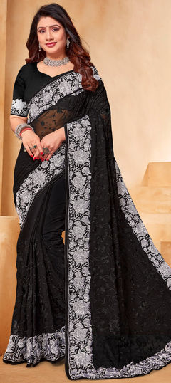 Black and Grey, White and Off White color Saree in Georgette fabric with Embroidered, Resham, Thread work