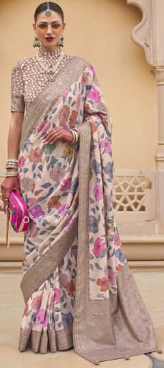 White and Off White color Saree in Viscose fabric with Floral, Weaving work