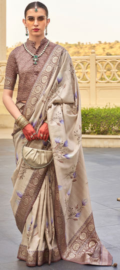 Beige and Brown color Saree in Viscose fabric with Floral, Weaving work