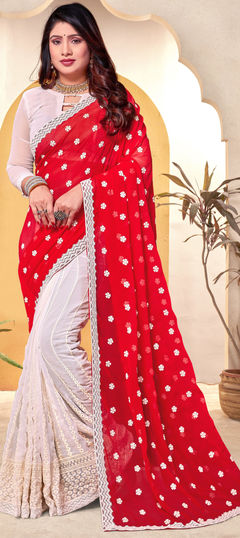 Red and Maroon color Saree in Georgette fabric with Embroidered, Resham, Thread work