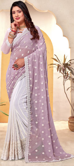 Purple and Violet color Saree in Georgette fabric with Embroidered, Resham, Thread work