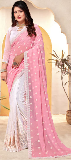 Pink and Majenta, White and Off White color Saree in Georgette fabric with Embroidered, Resham, Thread work