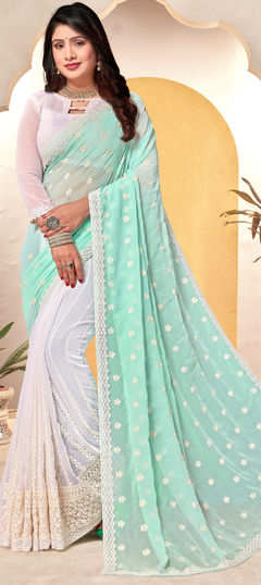 Blue, White and Off White color Saree in Georgette fabric with Embroidered, Resham, Thread work