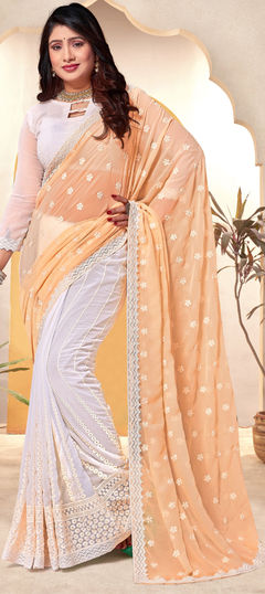 White and Off White, Yellow color Saree in Georgette fabric with Embroidered, Resham, Thread work