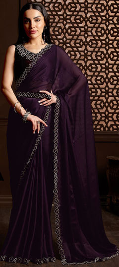 Purple and Violet color Saree in Chiffon fabric with Stone work