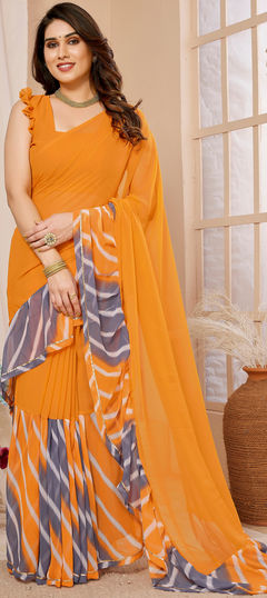 Orange color Saree in Georgette fabric with Lace, Printed work