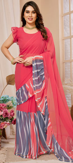 Festive, Reception Pink and Majenta color Saree in Georgette fabric with Ruffle Lace, Printed work : 1948035