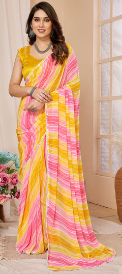 Yellow color Readymade Saree in Georgette fabric with Printed work