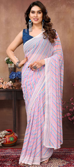 Purple and Violet color Readymade Saree in Georgette fabric with Printed work