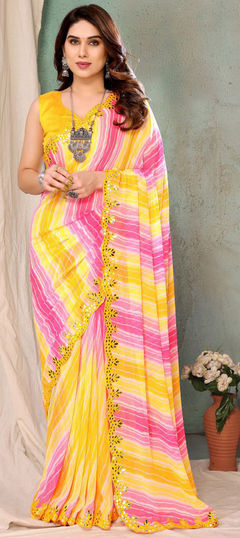 Pink and Majenta, Yellow color Saree in Georgette fabric with Lace, Printed work