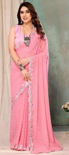Pink and Majenta color Saree in Georgette fabric with Lace, Printed work