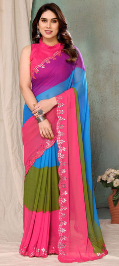 Multicolor color Saree in Georgette fabric with Lace, Printed work