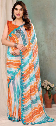 Multicolor color Saree in Georgette fabric with Lace, Printed work