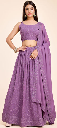 Engagement, Mehendi Sangeet, Wedding Purple and Violet color Lehenga in Faux Georgette fabric with Flared Embroidered, Sequence, Thread work : 1948122