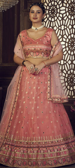 Pink and Majenta color Lehenga in Net fabric with Embroidered, Thread work