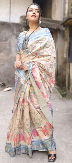 Blue color Saree in Tussar Silk fabric with Printed work