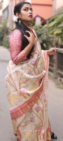 Pink and Majenta color Saree in Tussar Silk fabric with Printed work