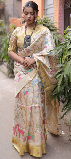 Yellow color Saree in Tussar Silk fabric with Printed work