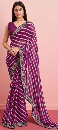 Purple and Violet color Saree in Georgette fabric with Embroidered, Printed, Thread work