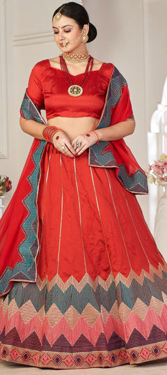 Mehendi Sangeet, Reception, Wedding Red and Maroon color Lehenga in Taffeta Silk fabric with Flared Embroidered, Resham, Thread work : 1948138