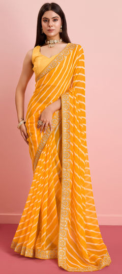 Yellow color Saree in Georgette fabric with Embroidered, Printed, Thread work